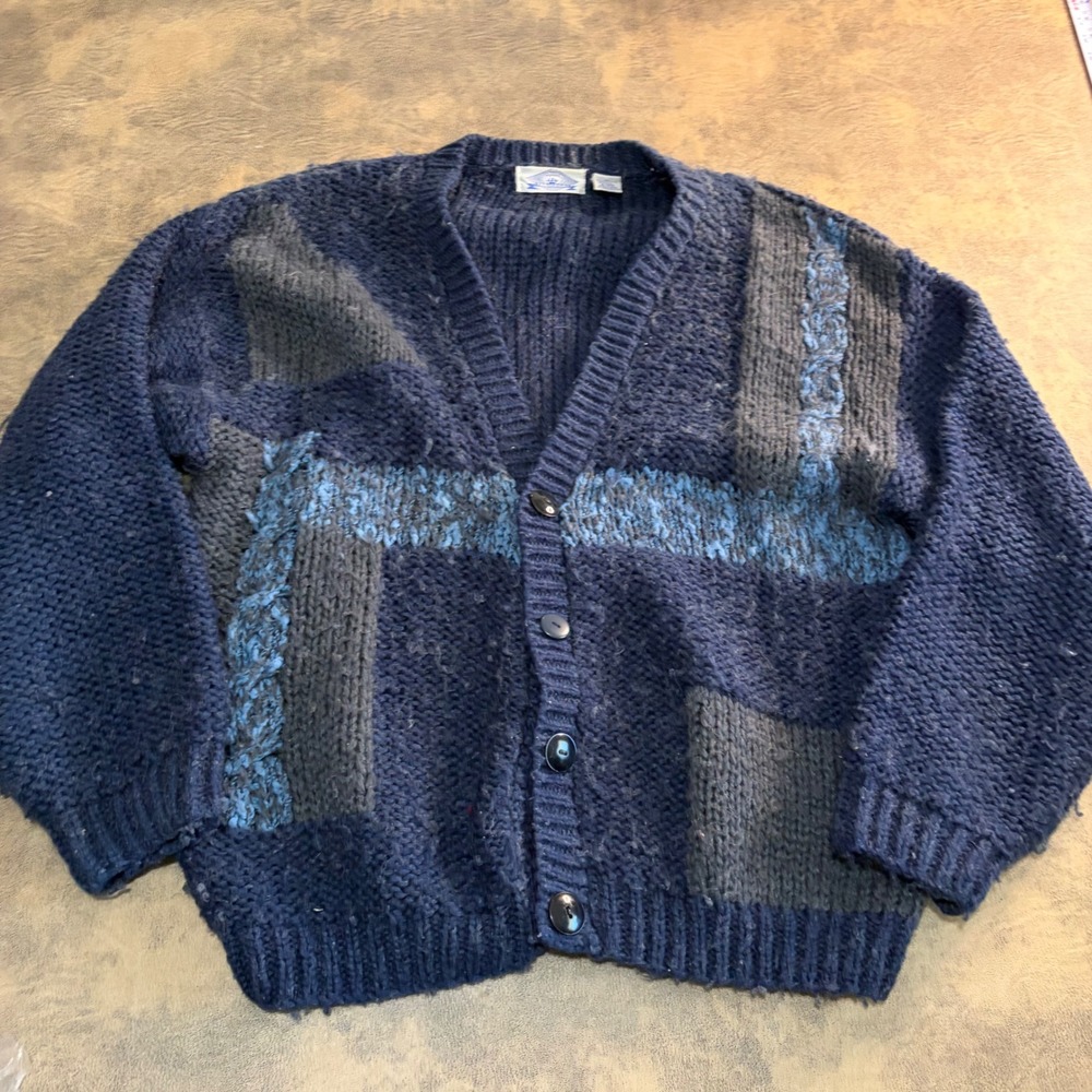 Trader Bay Cardigan Sweater *DAMAGED Mens XL Blue Vintage Chunky Knit Wool Blend